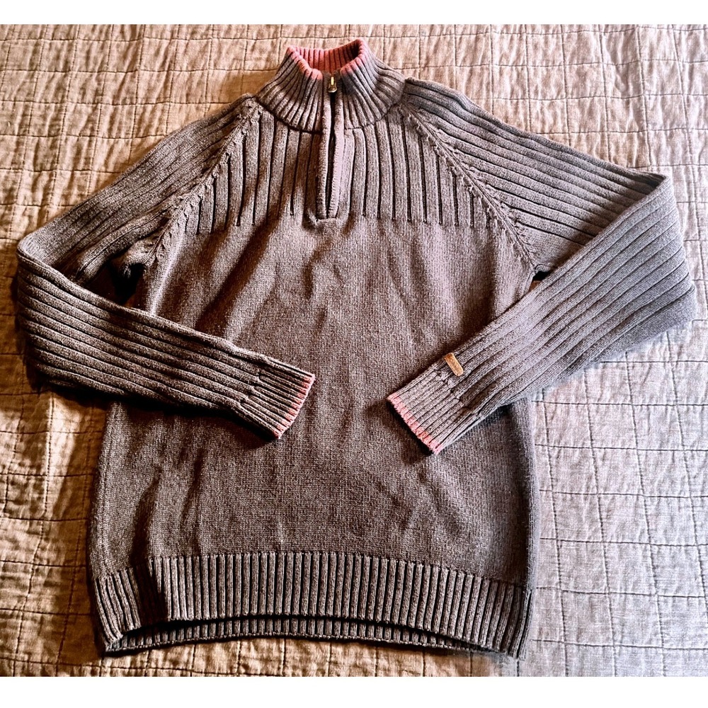 Columbia Mens Small Gray Quarter Zip Cotton Ribbed Knit Sweater Purple‎ Trim